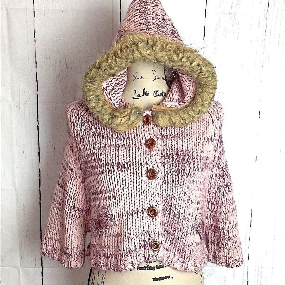 Pink Sweater Cropped Cardigan Faux Fur Trim Hood